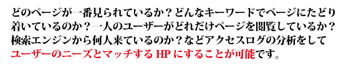 どのページが一番見られているか？どんなキーワードでページにたどり着いているのか？一人のユーザーがどれだけページを閲覧しているか？検索エンジンから何人来ているのか？などアクセスログの分析をしてユーザーのニーズとマッチするHPにすることが可能です。